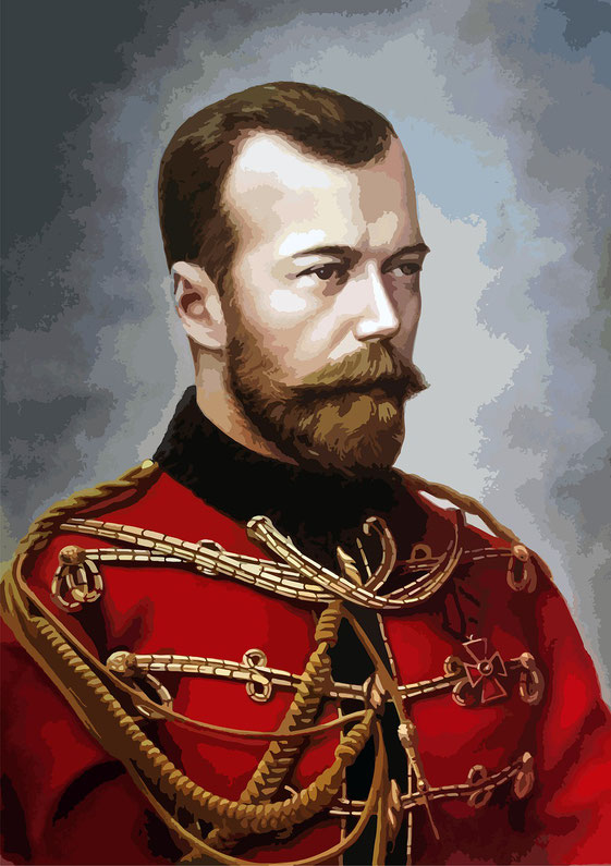Digital painting of a man with a beard in a red military uniform decorated with gold cords, facing slightly right.