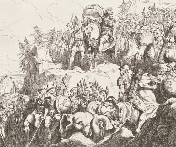 Hannibal stands atop the Alps with his army and elephants, pointing toward Italy.