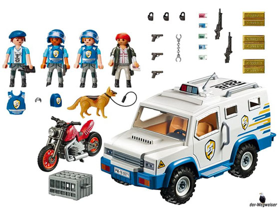 Im Paket Playmobil 9371 ist ein Geldtransporter, drei Polizisten, ein Gangster, ein Schäferhund, ein Motorrad, eine Kiste, zwei Gewehre, vier Pistolen, eine Handschelle, zwei Helme, ein Funkgerät, drei Schutzwesten und noch weiteres Zubehör.