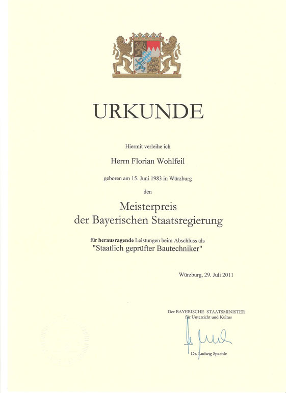 Meisterpreis der bayerischen Staatsregierung Staatlich geprüfter Bautechniker