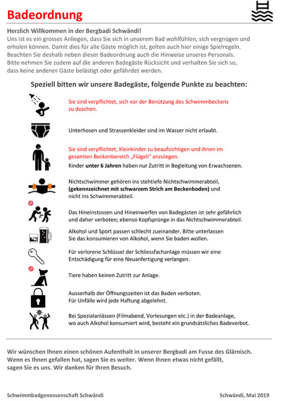 Badiordnung, Schwimmbadgenossenschaft Schwändi Mai 2020
