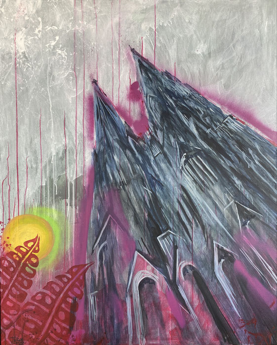 modern acrylic interpretation of Cologne Cathedral, Kölner Dom, part of the series "Cologne Urban Vibes", acryl and graffiti on canvas
