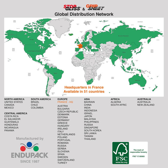 エンドュパック社のグリップシートが販売されている国50カ国を示した世界地図