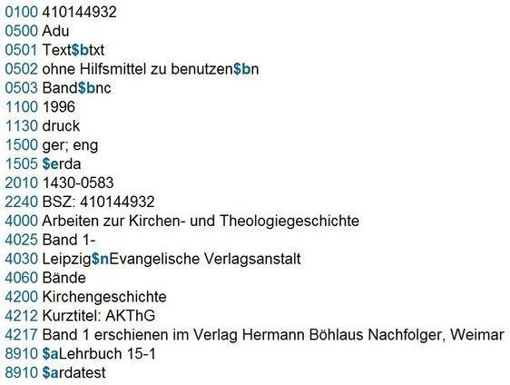 Screenshot des Datensatzes für eine monografische Reihe in der RDA-Testdatenbank des SWB