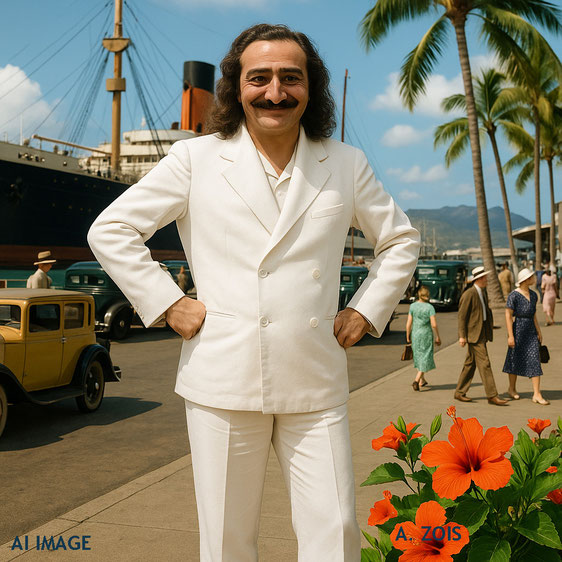 This AI image shows Meher Baba at the port of Honolulu, Hawaii prior to visit to the Orient. Image produced by Anthony Zois.