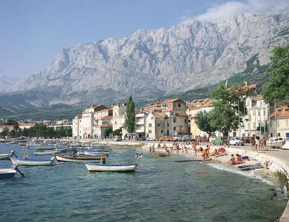 The Dinaric Alps rising from the Dalmatian coast at Makarska, a resort town south of Split, Croatia