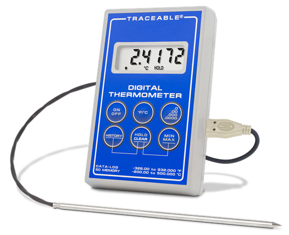 Termómetro digital con sonda de acero inoxidable con sensor RTD de platino y certificado trazable a NIST 6413