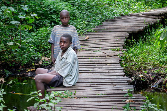 Two young boys on a wooden plank in the forest in Uganda (2007)
