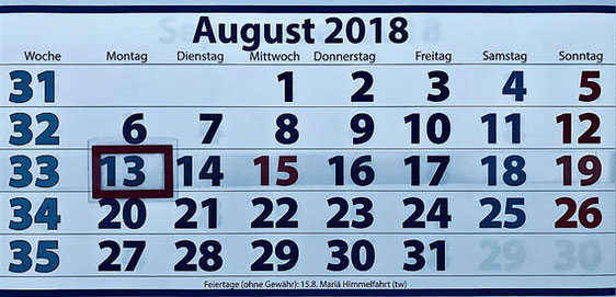 3-Monats-Abreißkalender mit Markierung auf dem 13. August 2018