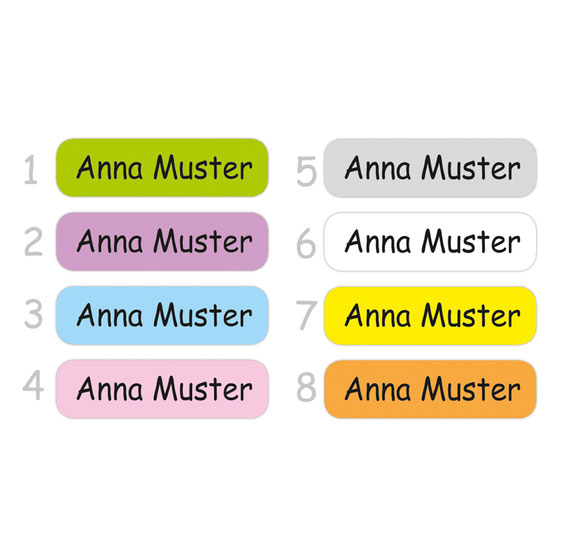 schmale extra kleine Bügeletiketten in verschiedenen Farben zum auswählen - mit Name personalisierbar. Folgende Farben sind zur Auswahl: 1. grün, 2. flieder, 3. hellblau, 4. rosa, 5. grau, 6. weiß, 7. gelb, 8. orange