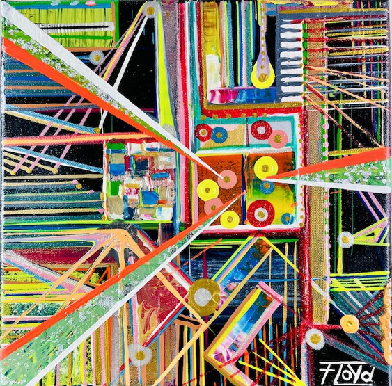 Abstraktes Acrylbild „ANTI-STRINGENT“ von Künstler Andreas Alka alias „FLOyD“, 30 x 30 cm. Vielschichtige, farbintensive Komposition mit geometrischen Formen, Linien und symbolischem Ausdruck kreativer Freiheit gegen starre St