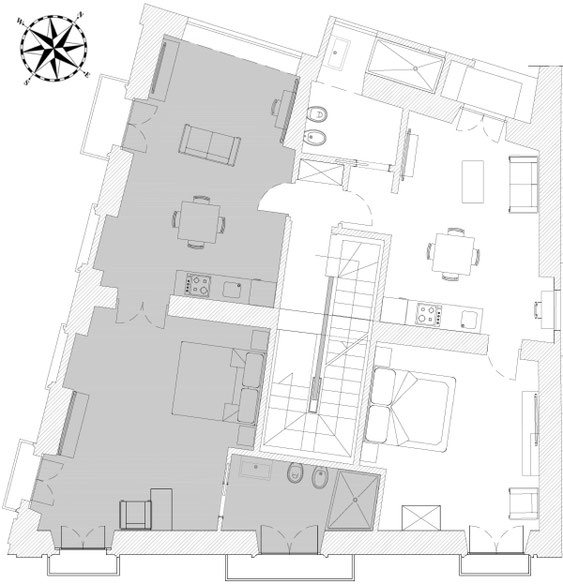 Grundriss der Vulcano Suite im Palazzo Paladini in Pizzo, Kalabrien, mit Schlafzimmer, Bad, Wohnbereich, Küchenzeile und Balkonen