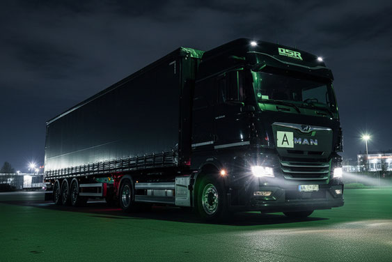 OSR-LKW bei Nacht auf dem Betriebsgelände für den Transport von Schrott und Metallrohstoffen