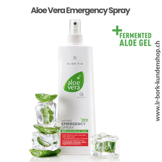 LR Aloe Vera Emergency Spray mit 83 % Aloe Vera, Propolis und Kräuterextrakten – sanfte Soforthilfe bei Hautirritationen, Sonnenbrand und Insektenstichen.