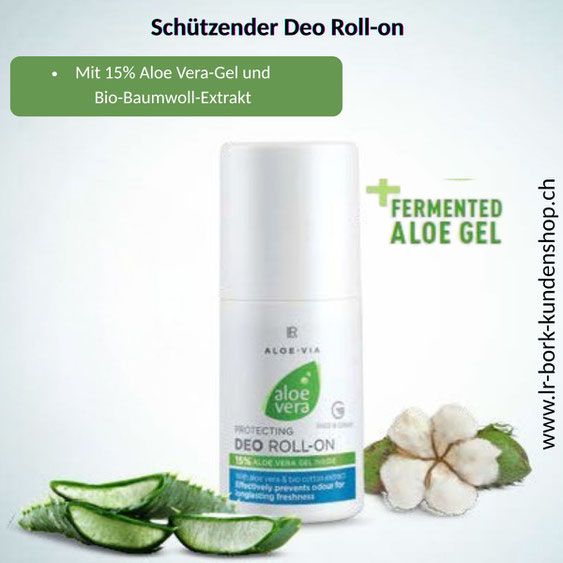 LR Aloe Vera Deo Roll-on mit Aloe-Blatt und Baumwolle – sanfter Deoschutz für empfindliche Haut und Frische den ganzen Tag.