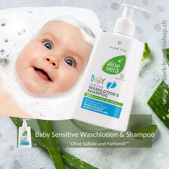 LR Aloe Via Baby Sensitive Waschlotion & Shampoo – sanfte, sulfatfreie 2in1 Pflege mit Aloe Vera, Bio-Calendula und Sojaöl für empfindliche Babyhaut und -haare.