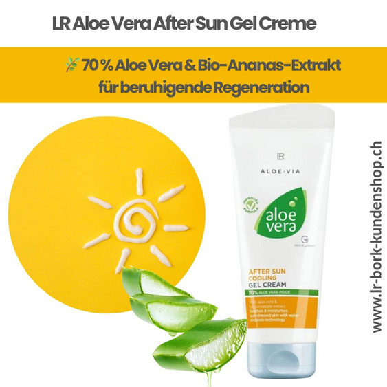 Eine erfrischende Tube der Gel Creme After Sun von LR steht vor einem Hintergrund, der Sonnenstrahlen und tropische Blätter zeigt. Die Verpackung hebt die Hauptbestandteile hervor: 70 % Aloe Vera und Bio-Ananas-Extrakt. 