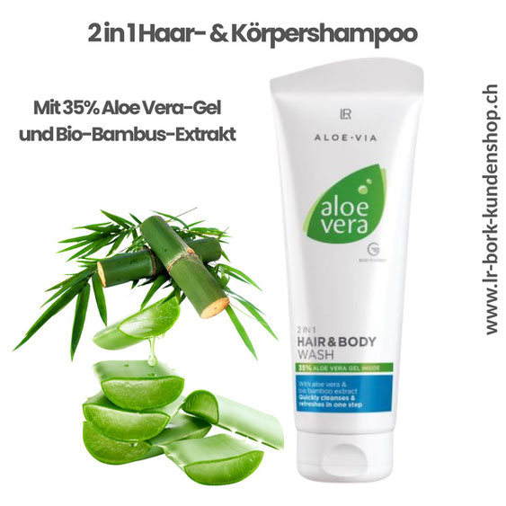 Flasche des LR Aloe Vera 2in1 Haar- & Körpershampoos mit Aloe-Blatt und Bambus – für einfache, natürliche Pflege von Haut und Haar.