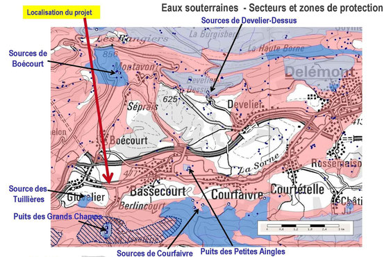 Carte des captages d'eau potable en Haute-Sorne