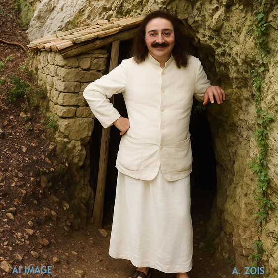 This AI image shows Meher Baba at the entrance of the cave at Assisi, Italy. Image produced by Anthony Zois.
