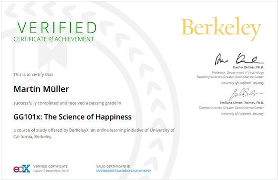 Für mehr Arbeitszufriedenheit - Zertifikat der Universität Berkeley über einen Abschluss in Science of Happiness