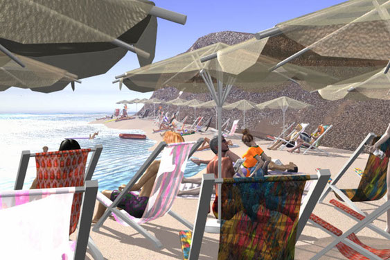 3D-Visualisierung, Diebstahlsicherung, Strand, Ferien, Urlaub, Baden, Gäste, Liegestuhl, Strandscene, Sommer, Badestrand