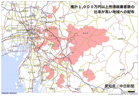 住んでいる人を分析して、年収が1,000万円以上の人の世帯比率が高いエリアにチラシを配布する場合の計画の地図