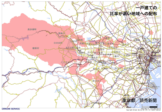 家の建て方として戸建ての比率が高いところを東京都内で分析してその比率が高いエリアにチラシ配布を計画した地図