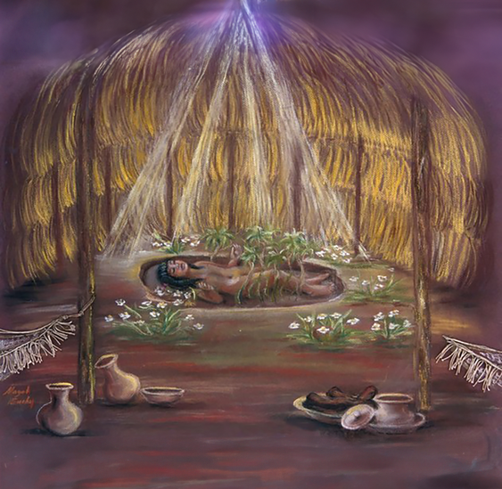 mandi, child, art, painting, indian village, maloca, burial mound, death, tears, cassava, brazil