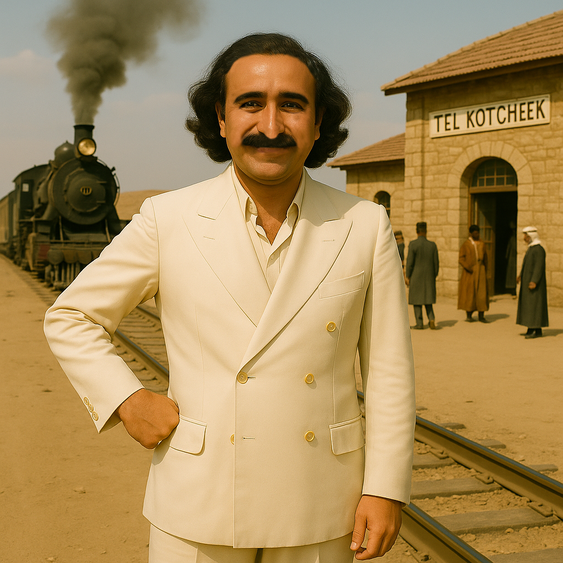 This AI created image shows Meher Baba in the border town of Tel Kotcheek, Iraq in October 1936 after flying in from Karachi to Baghdad. Image produced by Anthony Zois.