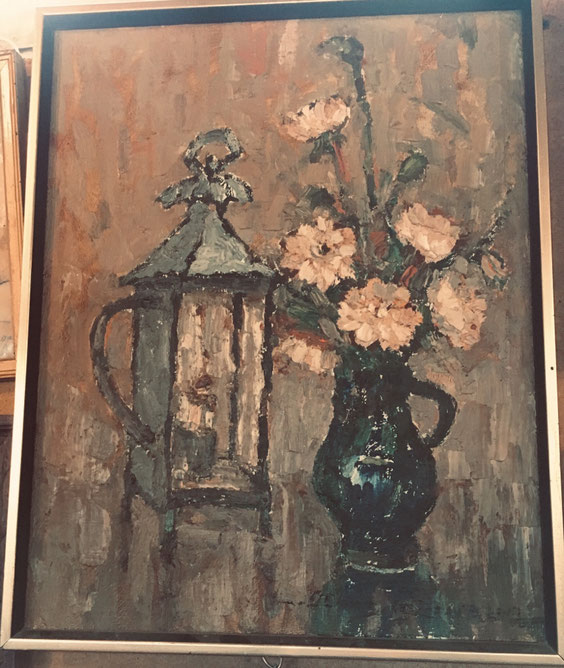 huile sur toile signée Denis Bruneau representant un pichet de fleurs et une lanterne