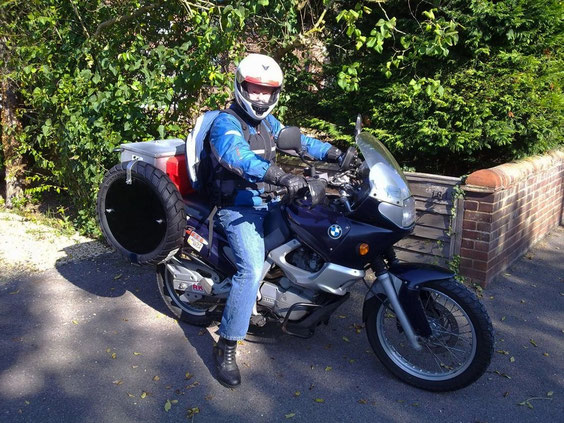 Me on a test ride to try out my luggage arrangements. The tyres are packed with spares
