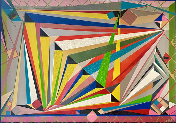 Abstraktes, geometrisches Kunstwerk mit leuchtenden, strukturierten Farbflächen. Titel: „GEODÄTE“ von Floydart – symbolisiert die Vermessung des inneren Selbst durch präzise Formen und Farbschichten.