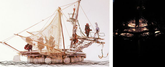 Maquette d'un bateau réalisée par Alain Bourbonnais. Et le bateau voguant sur l'étang dans la nuit du XXe anniversaire (Proportions hélas inversées)