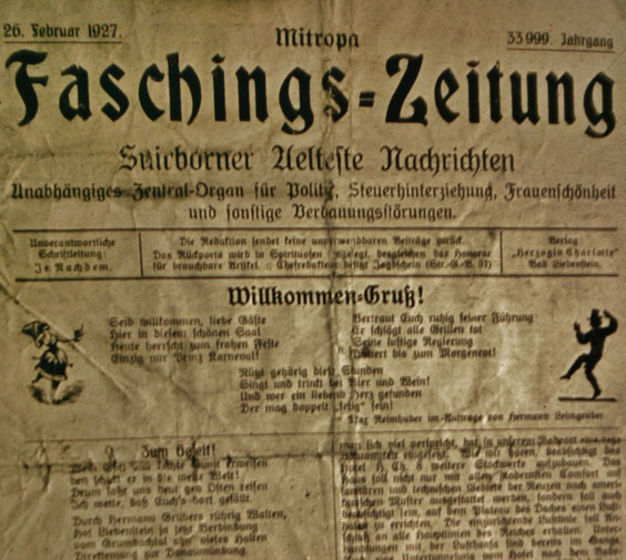 Faschings-Zeitung vom 26.Februar 1927 - Verlag Herzogliche Charlotte, vormals Müllers Hotel