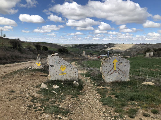 Die gelben Pfeile zeigen den Weg nach Santiago de Compostela. Mal gemalt, mal in Steine eingefräst. Manchmal auf Schildern