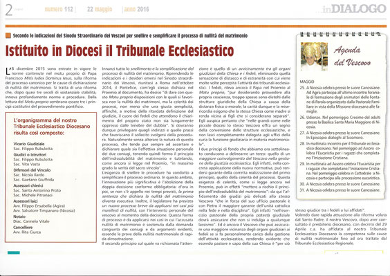 Nomina ad Assessore Laico (giudice laico) al Tribunale Ecclesiastico Diocesano