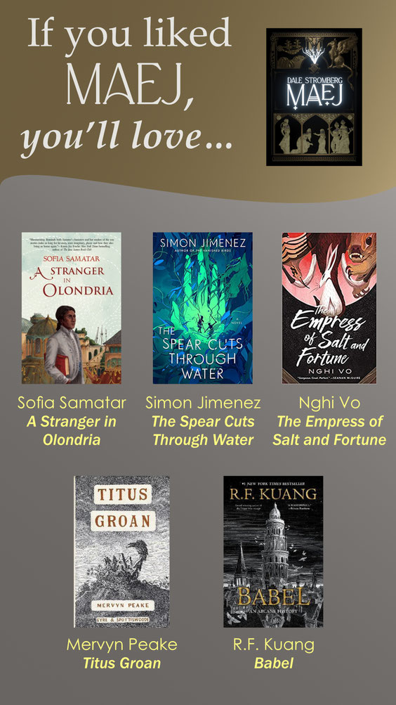 A graphic showing the cover images of MAEJ and five other books: A Stranger in Olondria, The Spear Cuts Through Water, The Empress of Salt and Fortune, Titus Groan, and Babel. If you enjoyed MAEJ, you'll love these books.