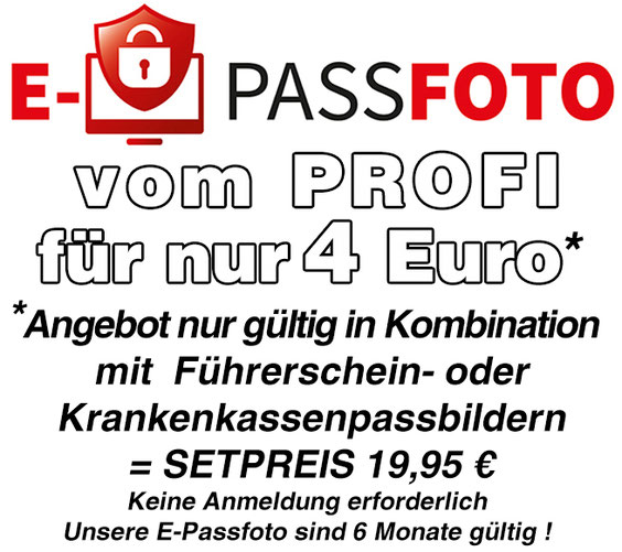 E-PASSFOTO vom Profi für nur 4 EURO nur in Kombination mit 4 Papierbilder für Führerschein oder Krankenkasse    =Setpreis € 19,95