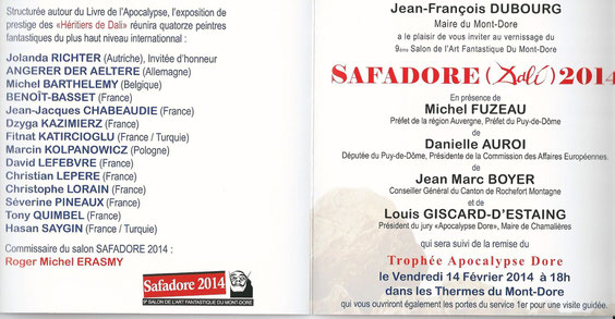 L'intérieur du carton d'invitation du 9ème salon européen Safadore(Dali) 2014 avec la liste des 14 artistes exposants. 