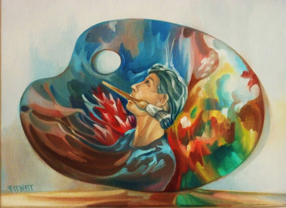 "Autoportrait". Huile sur toile. 26 x 20 cm. avec les bordures peintes de la toile sur châssis. Exposée au Salon Comparaisons aux petits formats des Maxiréalistes. Musée du Grand Palais. Paris.