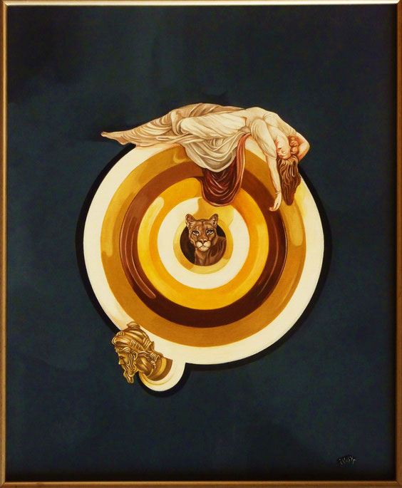 "Point de Mire énigmatique".  50 x 61 cm. Peintures vinyliques Flash sur toile. Hommage à Vasarely.