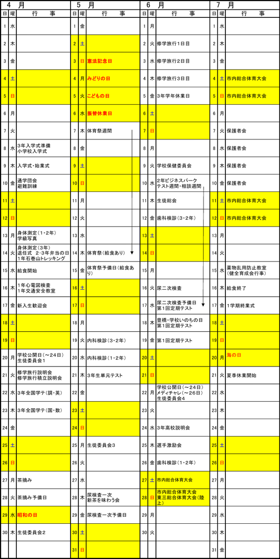 石巻中学校の令和8年度年間行事予定（4月〜7月）。第1回定期テスト、修学旅行、市内総合体育大会、体育祭週間などを掲載