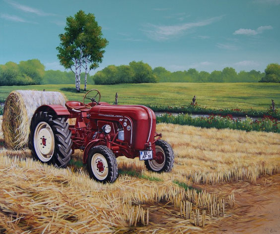 Traktor auf Leinwand in Öl