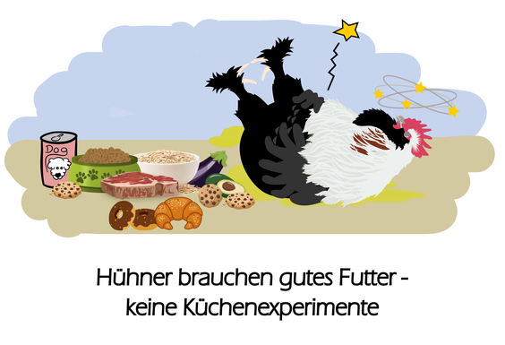 Ein Huhn hält sich schmerzgekrümmt den Bauch weil es etwas falsches gefressen hat