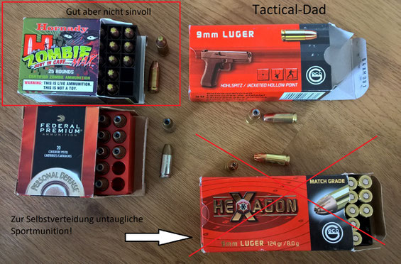 Hornady Zombie Max (Z-Max), GECO Hohlsitz, Federal Hydra-Shok und die Sportmunition GECO Heaxgon. 