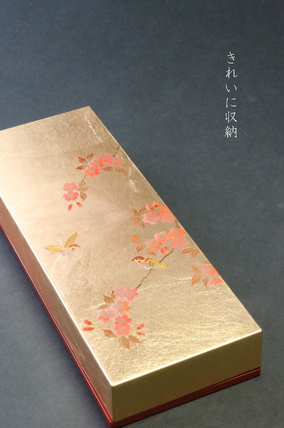 山中塗 花鳥 金箔 箔工芸 ペンボックス