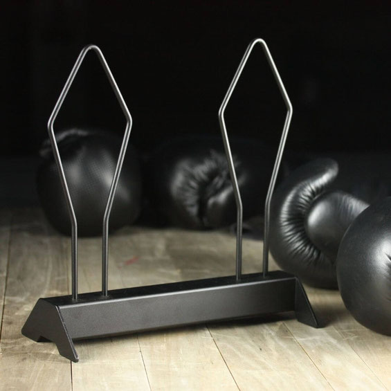 free-standing boxing gloves rack with black boxing gloves