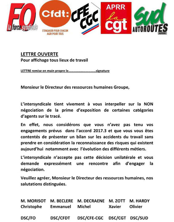 Lettre ouverte intersyndicale SUD Autoroutes APRR