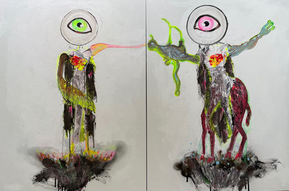 Christine Straszewski "MARYGDALA/HYRUNDION", 2024, Diptychon Acryl Dispersion auf Leinwand, 120x80 cm